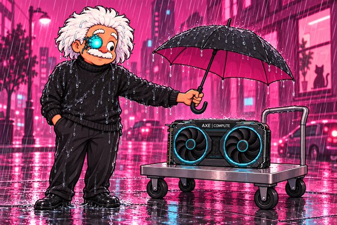 A cartoonish illustration of Albert Einstein holding an umbrella over a dual-fan GPU labeled "AXE | COMPUTE" on a cart in a rainy neon pink city.