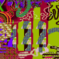 Abstract colorful digital artwork featuring bright neon colors, geometric shapes, and what appears to be musical note elements.