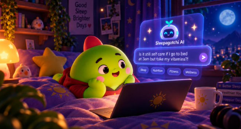 A cute green cartoon character lies on a bed using a laptop, with a 'Sleepagotchi AI' popup asking 'is it still self care if I go to bed at 3am but take my vitamins?!'