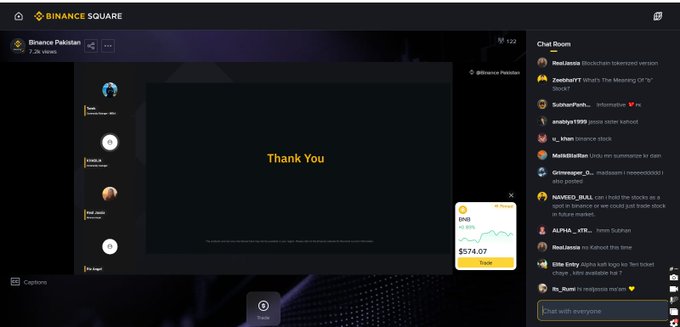 A screenshot of a Binance Square livestream titled 'Thank You' for Binance Pakistan, with a chat room on the right and a small price widget showing BNB at $574.07.