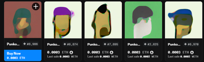 A row of five NFT profile pictures from the 'Punko...' collection with prices ranging from 0.0003 ETH (#2,625-#8,986), with one marked 'Buy Now' and others showing last sale prices in ETH.