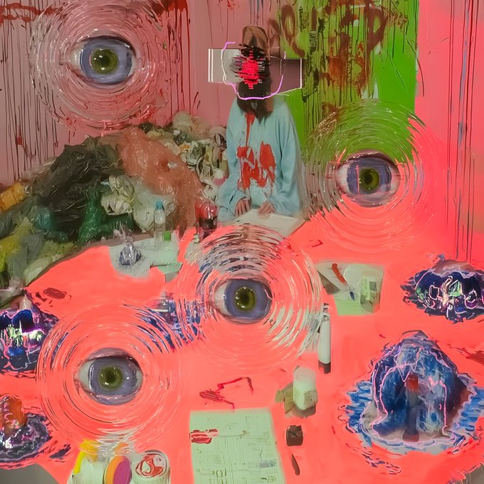 Heavily distorted glitch-art image with swirling red tones, multiple eye motifs, and a central figure with a red splatter over their face.