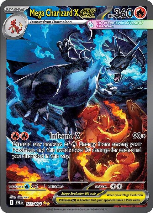 A Pokémon trading card featuring "Mega Charizard X ex" with 360 HP, showcasing artwork of a black and blue Charizard breathing fire; the card details the attack "Inferno X" and was illustrated by "danciao".