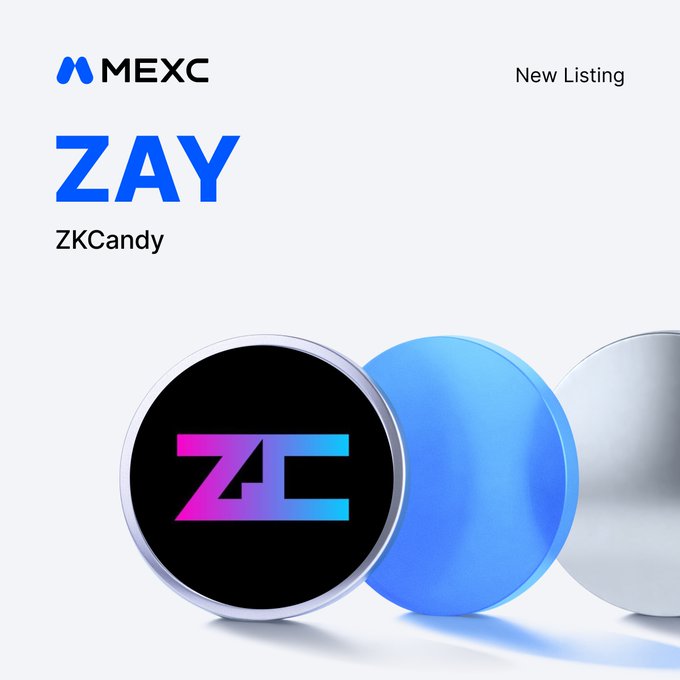 A MEXC exchange new listing announcement for $ZAY (ZKCandy), featuring the MEXC logo, "New Listing" text, and a stylized "ZC" token graphic on a black coin alongside blue and silver spheres.