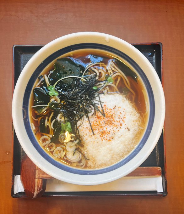 A bowl of Japanese soba noodles in a dark broth, topped with grated daikon radish sprinkled with shichimi pepper, shredded nori seaweed, and wakame seaweed, served on a black tray.
