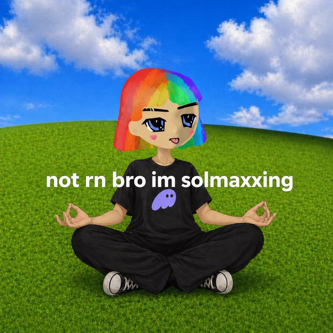 An anime-style character with rainbow hair and a black Discord-themed t-shirt sits cross-legged in a meditation pose on green grass, with the text "not rn bro im solmaxxing" displayed across the image.
