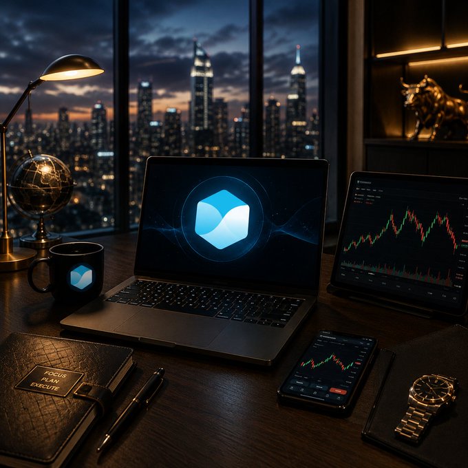 A stylish workspace at night with a laptop displaying a blue logo, a tablet and smartphone showing stock trading charts, a globe, a desk lamp, and a city skyline with a bull statue in the background, plus a 'FOCUS PLAN EXECUTE' notebook.