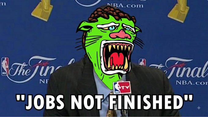 A meme image shows a man at an NBA Finals press conference with a cartoonish screaming face edited onto him and the caption "JOBS NOT FINISHED".