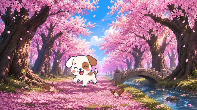 An anime-style illustration of a cute puppy with closed eyes smiling in a tunnel of pink cherry blossom trees, with a stone bridge over a stream and small birds nearby.
