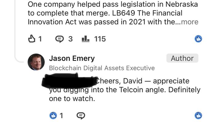 A screenshot of a social media comment thread discussing legislation (LB649 The Financial Innovation Act passed in Nebraska in 2021), with a comment by 'Jason Emery, Blockchain Digital Assets Executive' thanking 'David' for digging into the Telcoin angle.