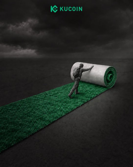 A traveler rolls out a vibrant green carpet across a barren, stormy landscape beneath the KuCoin logo, symbolizing a bullish invitation and welcome to incoming market momentum.