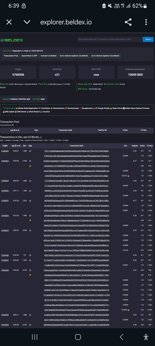 The image shows the Beldex Explorer page displaying blockchain statistics including 5,788,806 height, 43.6 GB blockchain size, 21 next block, 10,000 BDX staking requirement, and a list of recent transactions on the Beldex network, illustrating the post's point about visualizing blockchain activity in real-time.