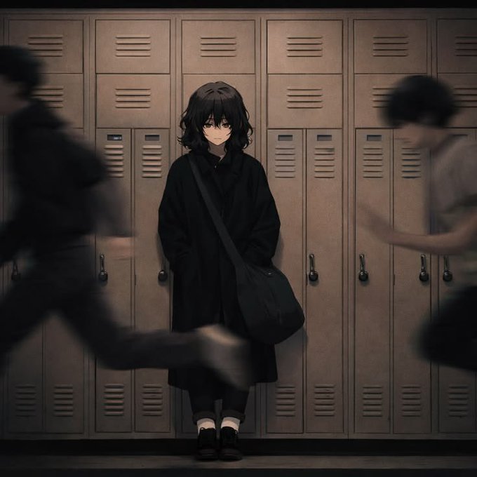 Anime-style illustration of a girl with dark hair and a black coat standing in front of school lockers, while blurred figures run past her.