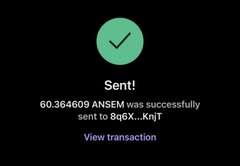 The image shows a transaction confirmation screen with a green checkmark, stating "Sent!" and indicating that 60.364609 $ANSEM was successfully sent to the wallet address 8a6X...KnjT, with a "View transaction" link below. This visually confirms the airdrop mentioned in the post, where the sender distributed $ANSEM tokens to a recipient's Solana address.