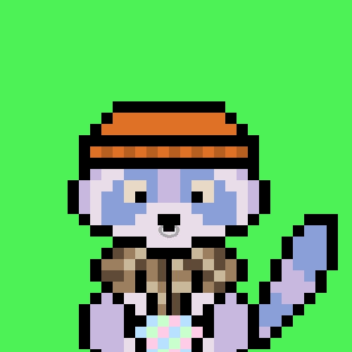 A pixel art illustration of a raccoon-like character wearing an orange beanie and a brown vest, set against a bright green background. The image aligns with the post, showcasing the "Trash Panda" NFT collectible referenced by the user, who expresses enthusiasm for the design and tags the creator @builtbyslime while promoting the $HBAR token.