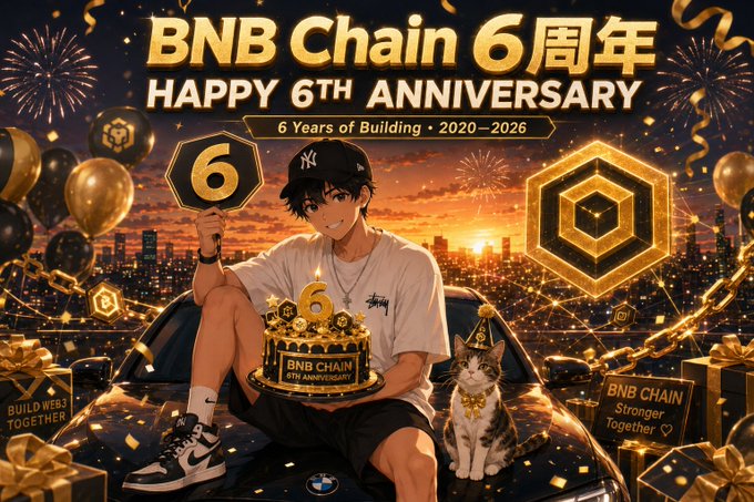 A celebratory graphic for 'BNB Chain 6周年 HAPPY 6TH ANNIVERSARY - 6 Years of Building • 2020-2026' featuring an anime-style character holding a hexagonal '6' sign next to a birthday cake and a cat.