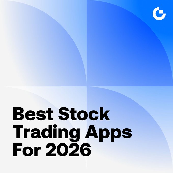 A graphic with a blue abstract background featuring the bold black text "Best Stock Trading Apps For 2026," serving as a header image for an article comparing popular stock trading platforms like Fidelity, Robinhood, IBKR, and Webull. A stylized "G" logo appears in the top-right corner, indicating the publishing brand.