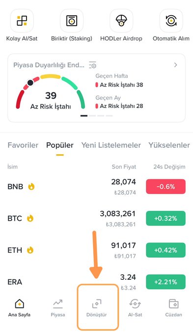 The image shows the Binance TR mobile app interface with a cryptocurrency price list (BNB at ₺28,074, BTC at ₺3,083,261, ETH at ₺91,017, and ERA at ₺3.24), featuring an orange arrow and box highlighting the "Dönüştür" (Convert) tab at the bottom navigation bar. This visually corresponds to the caption's mention of using the Convert feature on BinanceTR for quick, simple transactions without navigating to the full order screen.