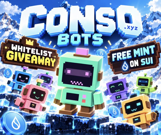 A promotional image for 'CONSO.xyz BOTS' advertises a 'WHITELIST GIVEAWAY' and 'FREE MINT ON SUI,' showing various cute blocky robot figures against an icy mountain backdrop.