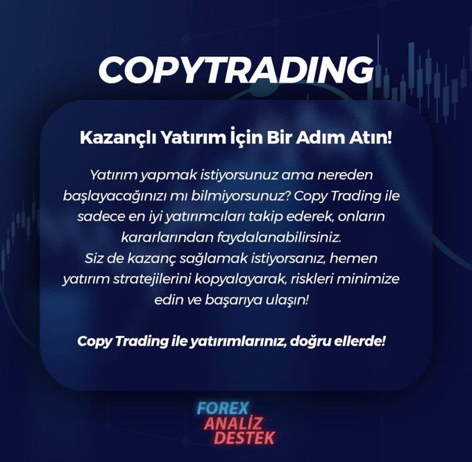 A promotional graphic for a Copy Trading service with the headline "COPYTRADING - Kazançlı Yatırım için Bir Adım Atın!" (Take a step for profitable investment), encouraging users to follow top investors' strategies to minimize risk, branded by "FOREX ANALİZ DESTEK." The image complements the accompanying Telegram group invitation by promoting their copy trading service alongside their daily technical/fundamental analyses of XAUUSD, forex, indices, and crypto markets.