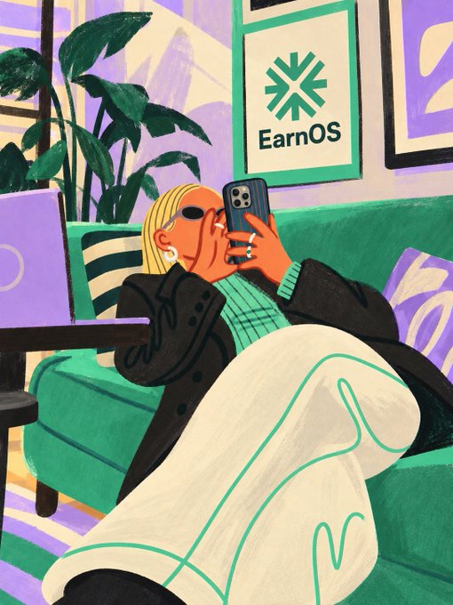 A colorful illustration of a blonde woman in sunglasses and a black blazer lounging on a green couch while looking at her phone, with an 'EarnOS' framed poster on the wall behind her.