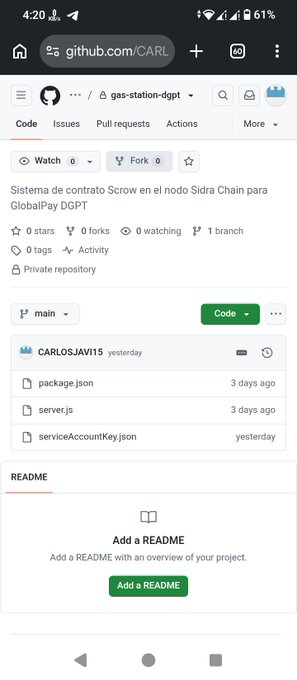 The image shows a GitHub repository page for "gas-station-dgpt" under the user CARLOSJAW15, titled "Sistema de contrato Scrow en el nodo Sidra Chain para GlobalPay DGPT," which displays as a private repository with files like package.json, server.js, and serviceAccountKey.json. This relates to the post by previewing one of the GitHub repositories that the community will soon be able to access publicly for the Sidra Chain/GlobalPay DGPT project.