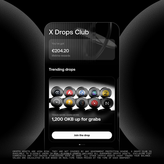 A dark-themed mobile app interface mockup for 'X Drops Club' showing a balance of '€204.20', 'Trending drops' with various cryptocurrency logos, and a 'Join the drop' button for '1,200 OKB'.