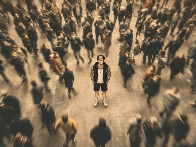 A tattooed man in shorts and a vest stands still while blurred crowds of people walk past him in what appears to be a busy public square.