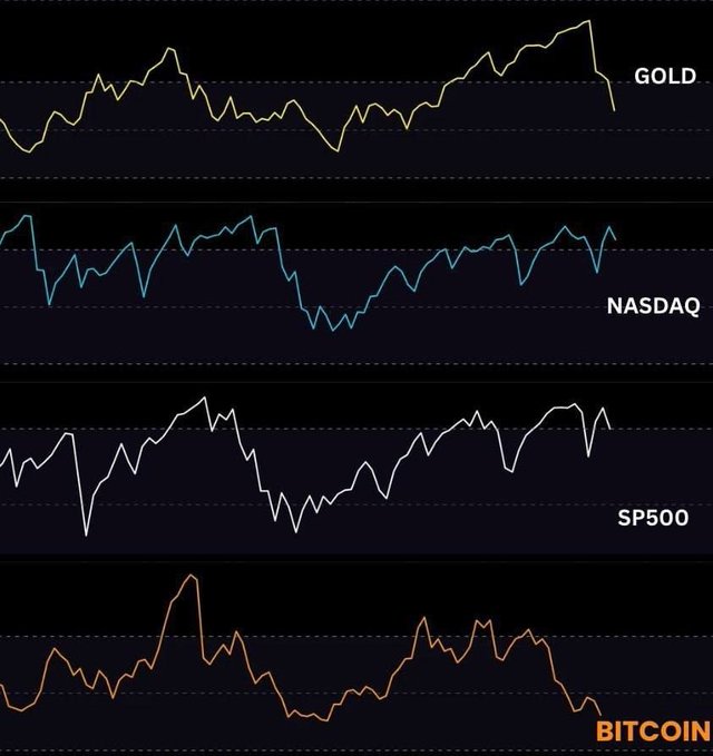 Four line charts stacked vertically display the price movements of GOLD, NASDAQ, SP500, and BITCOIN against a black background, each shown in its corresponding accent color (yellow, blue, white, and orange respectively), illustrating the comparative volatility and trends across these major asset classes to support the claim that Bitcoin will bottom out earlier than the SPX and Gold.