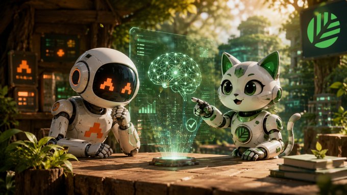 A cute white robot and a robotic cat with glowing green accents sit at a wooden workbench, collaborating over a floating holographic brain display in a lush, high-tech forest setting.

The image illustrates the post's theme perfectly: the robot symbolizes artificial intelligence, while the cat (likely representing CNPY Network) points to the glowing brain, visualizing the idea of "transparent intelligence" where AI openly reveals and explains its reasoning—pairing clear, explainable AI with sovereign blockchain infrastructure for builders.