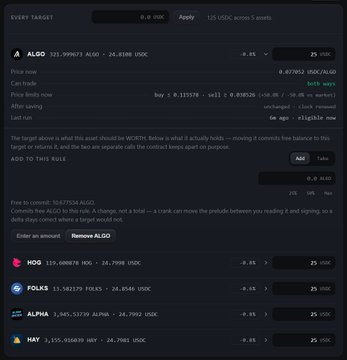 A dark-themed crypto trading interface showing market data for various tokens including ALGO, NEO, FOLKS, ALPHA, and MAY.