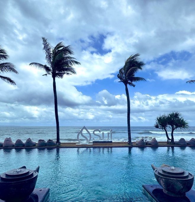 A tropical resort scene showing an infinity pool with palm trees and the ocean in the background. The text 'Sui' with its water drop logo is overlaid in the center of the image.