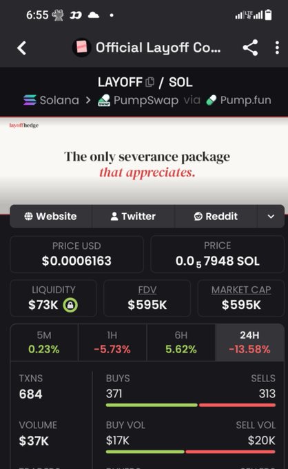 A mobile screenshot of a crypto trading interface showing 'Official Layoff Co.' / LAYOFF token on Solana via PumpSwap, priced at $0.0006163 with $73K liquidity and $595K market cap.