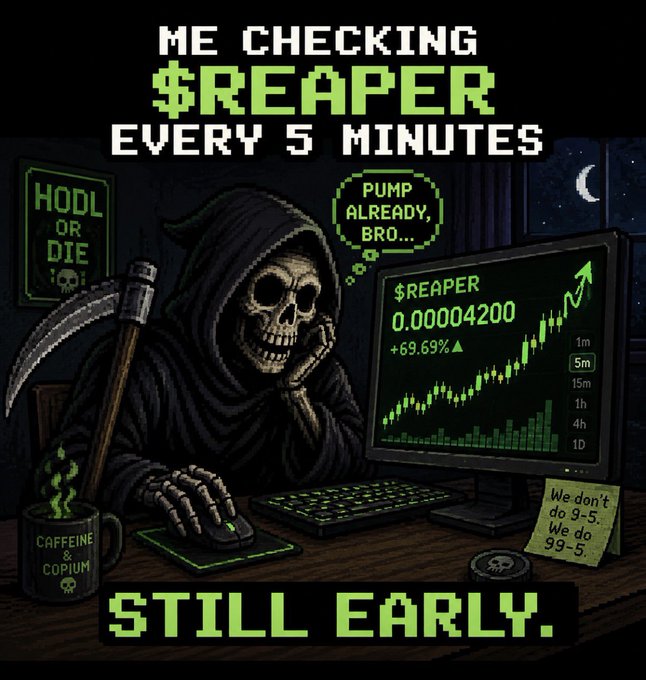 A pixel-art style meme showing a grim reaper at a computer monitoring the cryptocurrency $REAPER, with text reading 'ME CHECKING $REAPER EVERY 5 MINUTES' and 'STILL EARLY,' alongside 'HODL OR DIE' and 'We don't do 9-5. We do 99-5' signs.