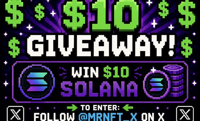 A vibrant pixel-art graphic announces a "$10 GIVEAWAY!" featuring Solana (SOL) logos and coin stacks against a purple background, instructing viewers to "FOLLOW @MRNFT_X ON X" to enter—aligning with the post's call to follow the account and drop a SOL wallet for a chance to win 10 Solana within 90 minutes.