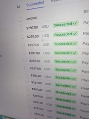 A close-up of a Polymarket transaction history showing multiple successful $297 USD payments stacked vertically, each marked with a green "Succeeded" badge, illustrating the small, repeated trades generated by an automated crypto Up/Down trading bot.