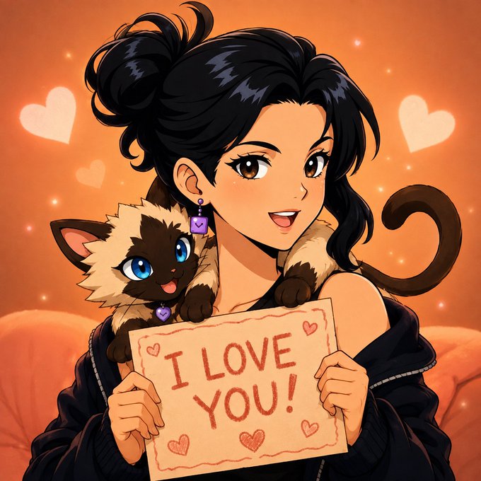 An anime-style illustration of a smiling young woman with black hair holding a sign that reads 'I LOVE YOU!' while a cute Siamese cat with blue eyes rests on her shoulder, surrounded by heart decorations.
