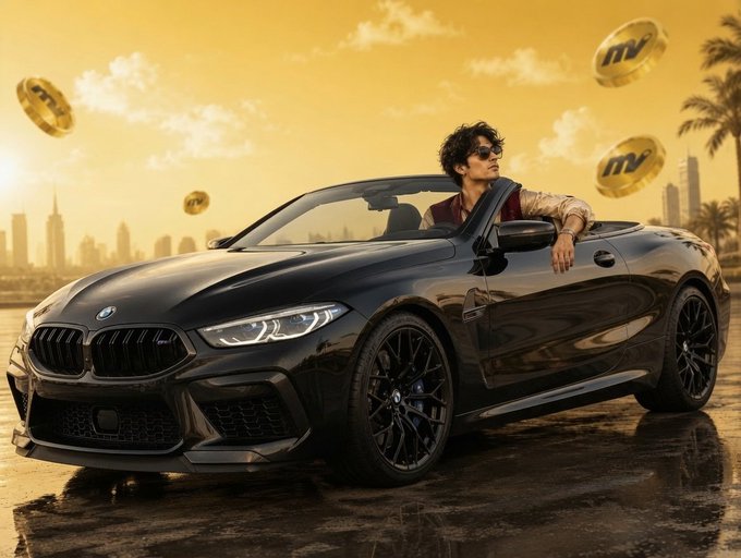 The image features a black BMW convertible sports car with a person sitting inside, possibly posing for a photo or enjoying the ride. The car appears to be parked on a road near some palm trees, which adds to the overall atmosphere of the scene. The caption provided in the image is related to the BMW MooveRamp app and highlights its features as an innovative way to move between different currencies without any hassle or additional fees.