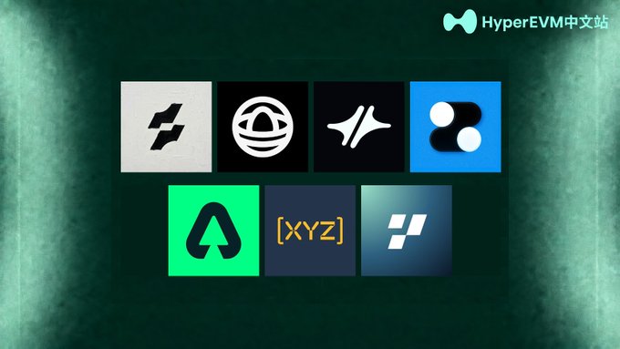 A graphic titled 'HyperEVM中文站' displaying seven project icons arranged in two rows against a dark green background.