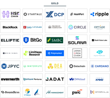 A grid of corporate and crypto logos categorized as 'GOLD' tier, including HSK Chain, Startale, DCP, HashPort, Ripple, BlackRock, BitGo, Solana, SMBC, JPMorgan, Cardano, KPMG, PwC, and others.