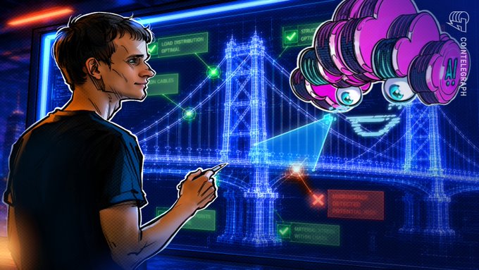A young man points at a holographic display showing a wireframe bridge model alongside a cluster of pink and purple tokens marked with Ethereum symbols, while floating interface labels like "LOAD DISTRIBUTION," "CABLES," and "OPTIMAL LOAD" appear across the screen—visually echoing the post's discussion of Lean Ethereum's RISC-V-driven architecture aimed at reducing operational costs and improving scalability for the community.