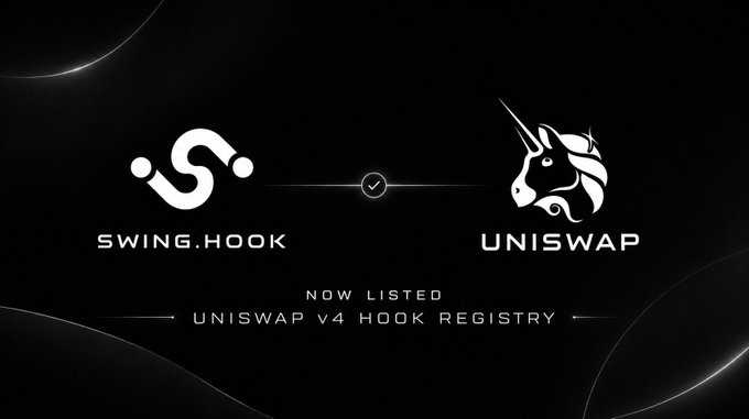 The image features the Swing.Hook and Uniswap logos side by side with a checkmark between them, along with the text "NOW LISTED UNISWAP V4 HOOK REGISTRY." It visually celebrates Swinghook's official registration as a Uniswap V4 hook, marking its entry into the Uniswap ecosystem ahead of the upcoming $Swing token trading launch.