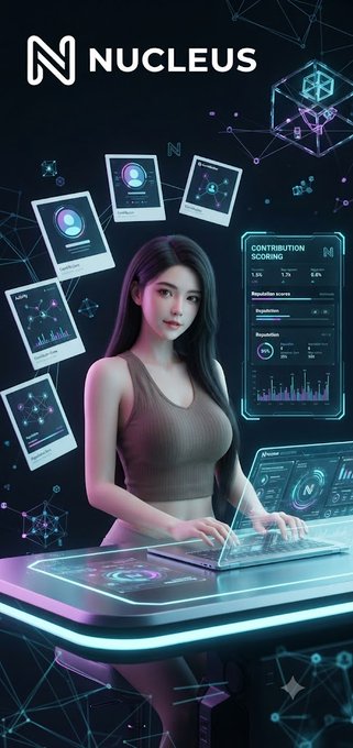 A promotional graphic for "NUCLEUS" featuring a stylized Asian woman working on a holographic interface displaying reputation scores and contribution metrics.