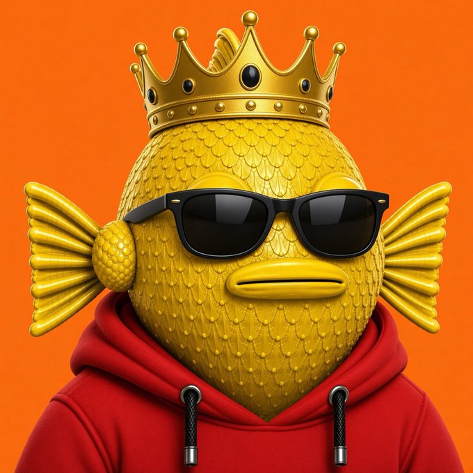 A 3D rendered golden fish character wearing black sunglasses, a gold crown, and a red hoodie against an orange background.