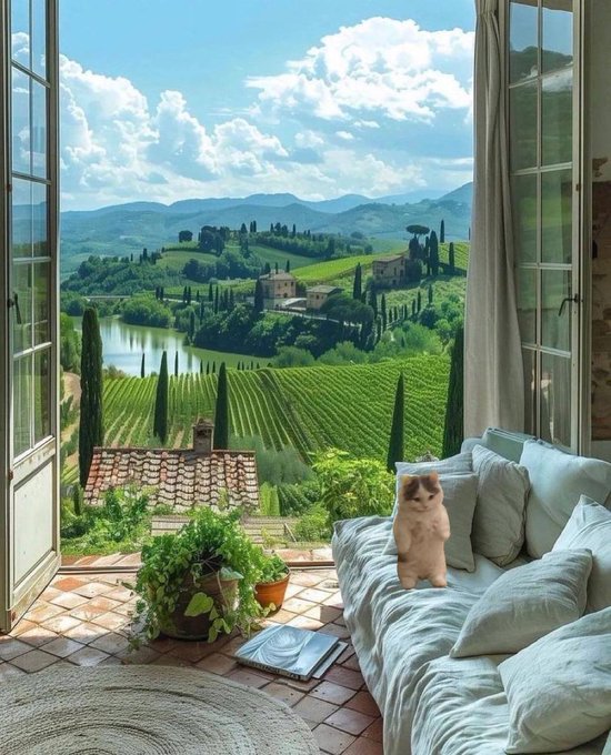 A fluffy orange cat sits on a white cushioned daybed on a sunlit terrace, framed by open French doors that reveal a stunning Tuscan landscape of rolling vineyards, cypress trees, and distant villas under a partly cloudy sky. The dreamy countryside view perfectly complements the post "michilling." with its serene, picturesque charm.