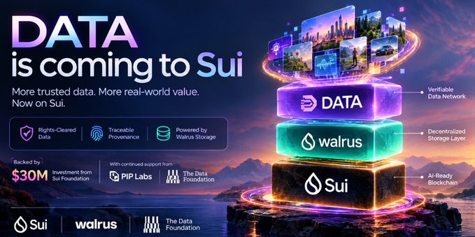 An advertisement declaring 'DATA is coming to Sui,' highlighting features like Rights-Cleared Data, Traceable Provenance, and Powered by Walrus Storage, with $30M backing from the Sui Foundation and additional support from The Data Foundation.