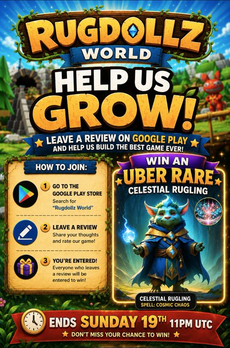 A colorful promotional poster for 'RUGDOLLZ WORLD' encouraging players to leave Google Play reviews to win an 'Uber Rare Celestial Rugling' spell item, ending Sunday 19th at 11PM UTC.