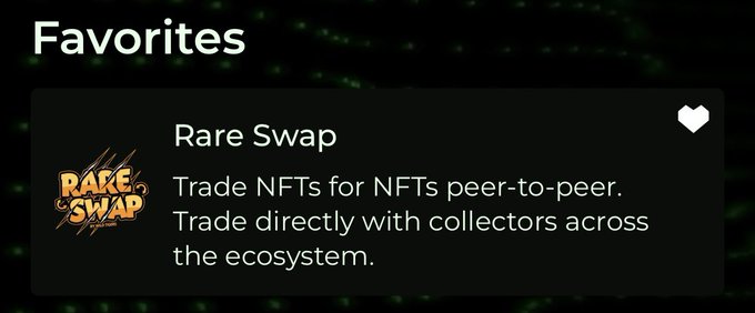A 'Favorites' screen showing the Rare Swap NFT trading platform, described as 'Trade NFTs for NFTs peer-to-peer. Trade directly with collectors across the ecosystem.'