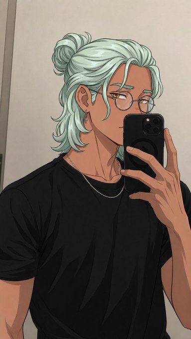 An anime-style illustration of a person with light teal hair styled in a bun, wearing glasses and a black t-shirt, taking a mirror selfie with a smartphone.