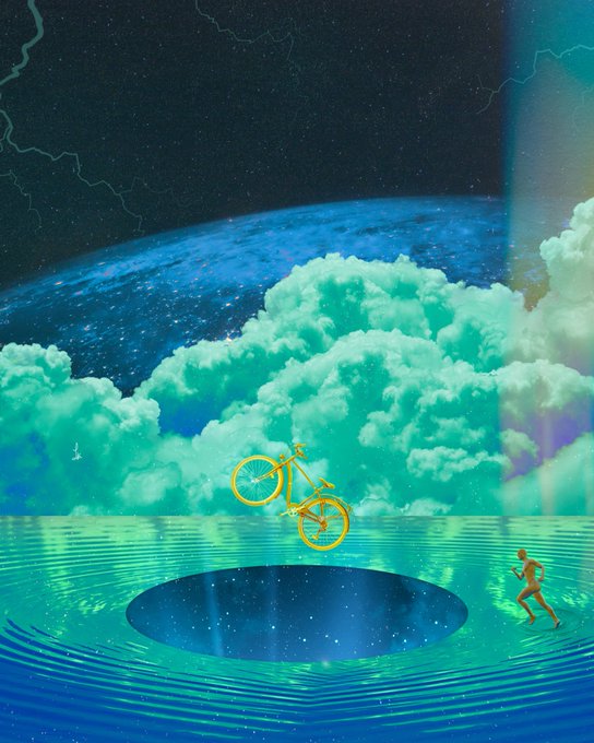 A surreal digital artwork depicts a cosmic scene with a starry night sky, planet Earth, and billowing teal clouds, featuring a yellow bicycle floating above a rippling water surface and a small orange figure running across it.